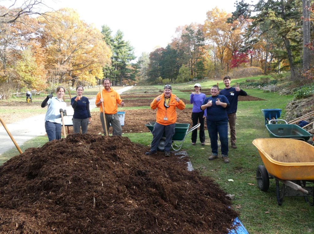 seven people smile and give thumbs-up next to a pile of mulch they are spreading 